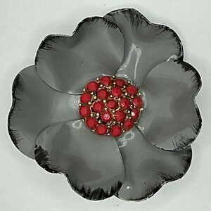 Vintage Scarlet Red Rhinestone And Gray Metal Flower Brooch Pin